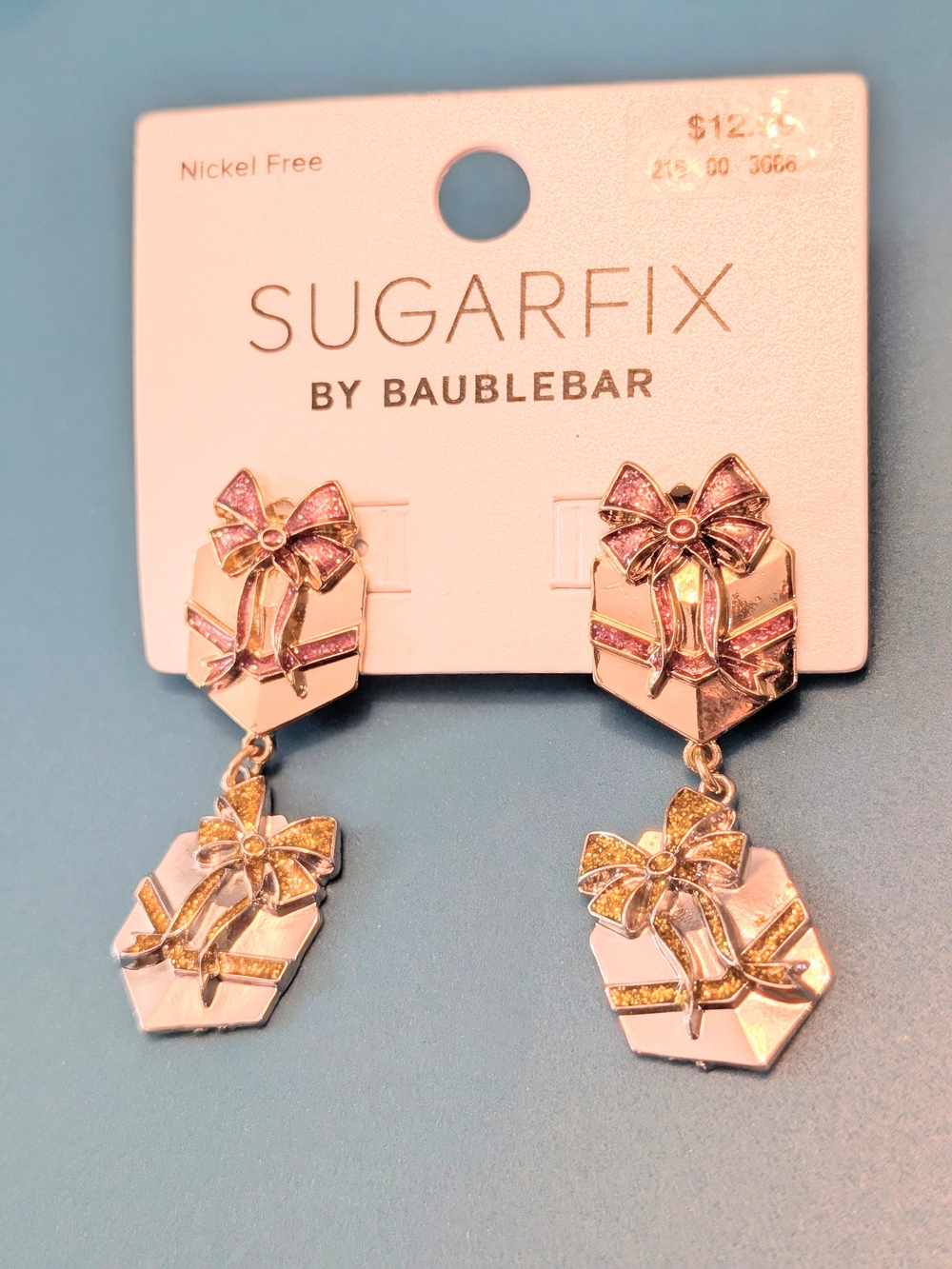 BaubleBar Sugarfix Silver Gift Boxes With Pink & Gold Bows Drop Earrings NWT